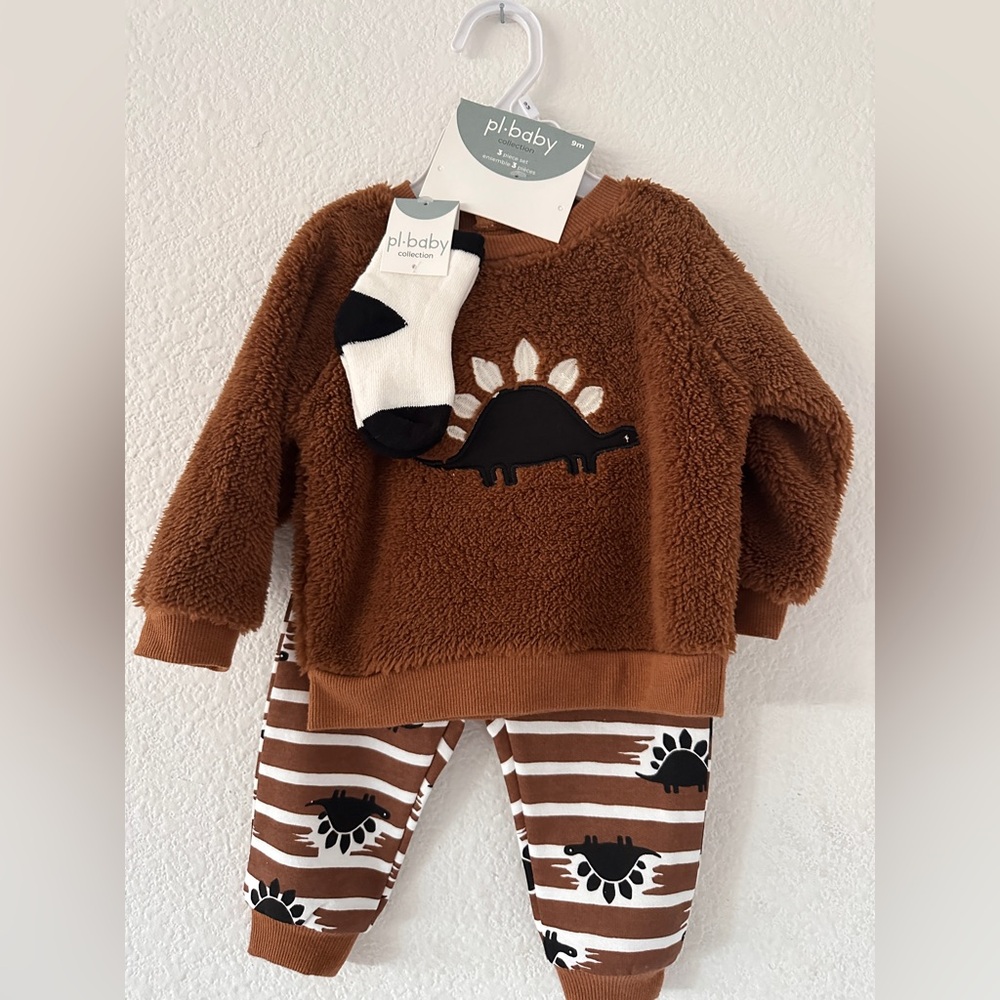 PL Baby 3pc Set, Fluffy Pj Set-Pants, Top & Socks, Dinosaur,